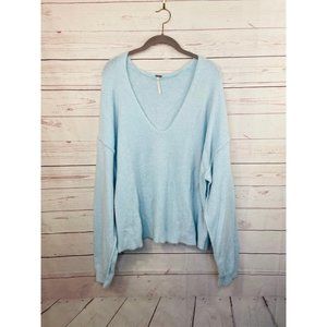 Free People Womens Boucle Knit Pullover V-Neck Sweater Blue Size Large